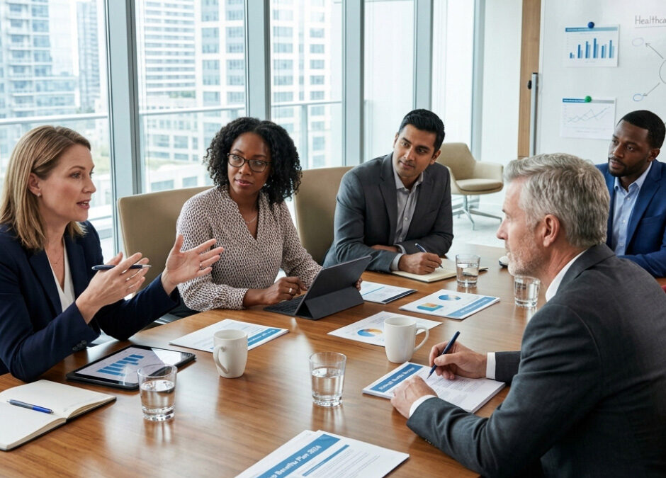 A business meeting in a high-rise office with large windows overlooking a city skyline.